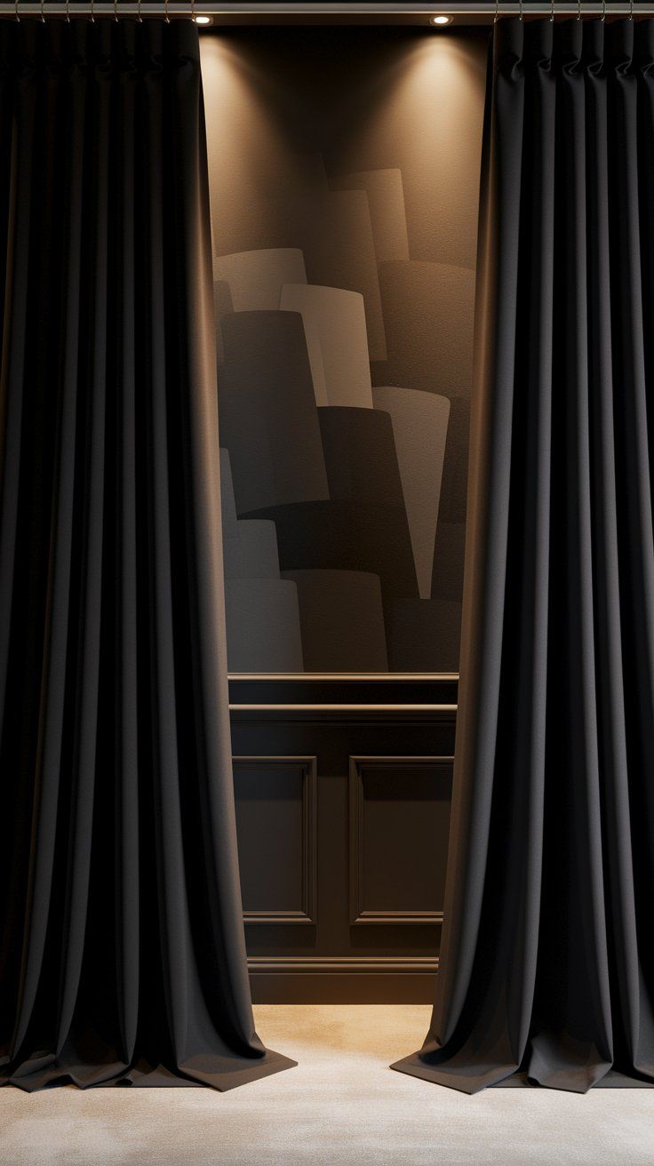 A moody interior shot of a matte black accent wall with abstract square brushstroke patterns, flanked by thick black curtains under soft spotlights.