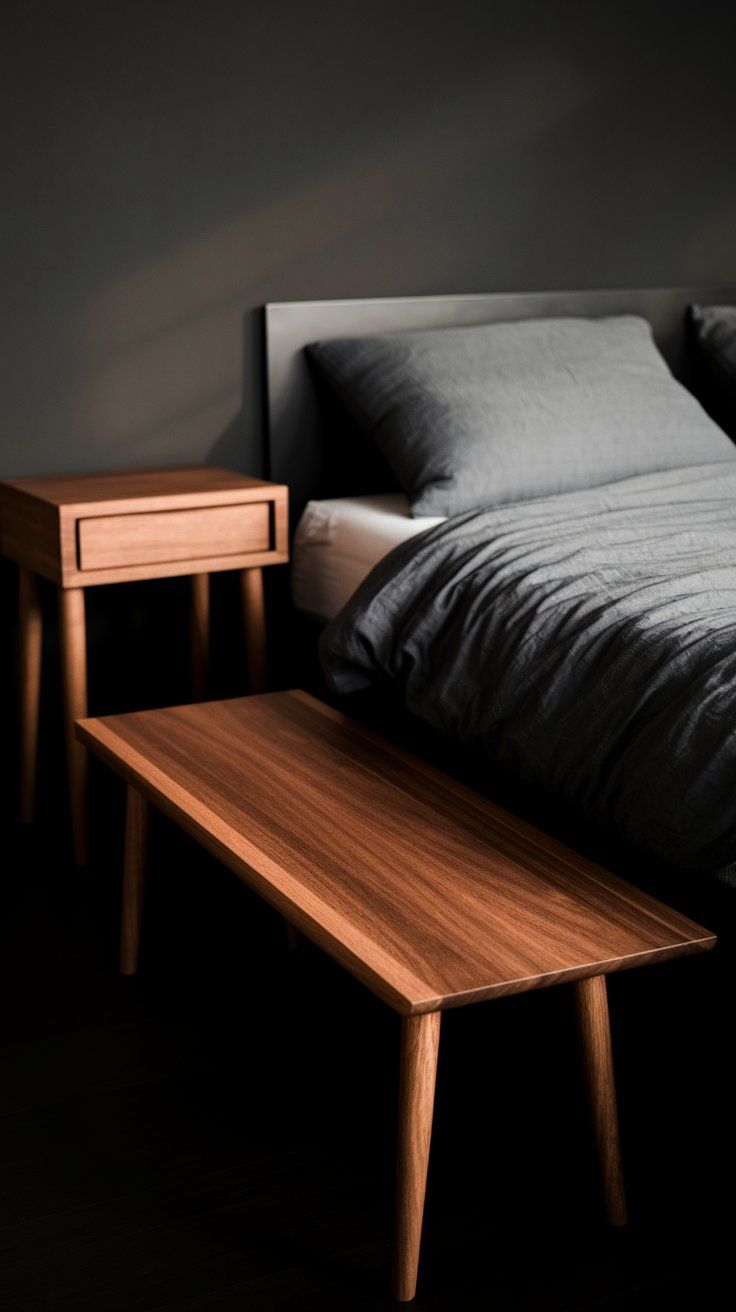 Close-up of a dark minimalist bedroom featuring a bed with charcoal grey bedding, a sleek wooden nightstand, and a matching bench at the foot of the bed, all set against a matte black wall for a warm, modern contrast.
