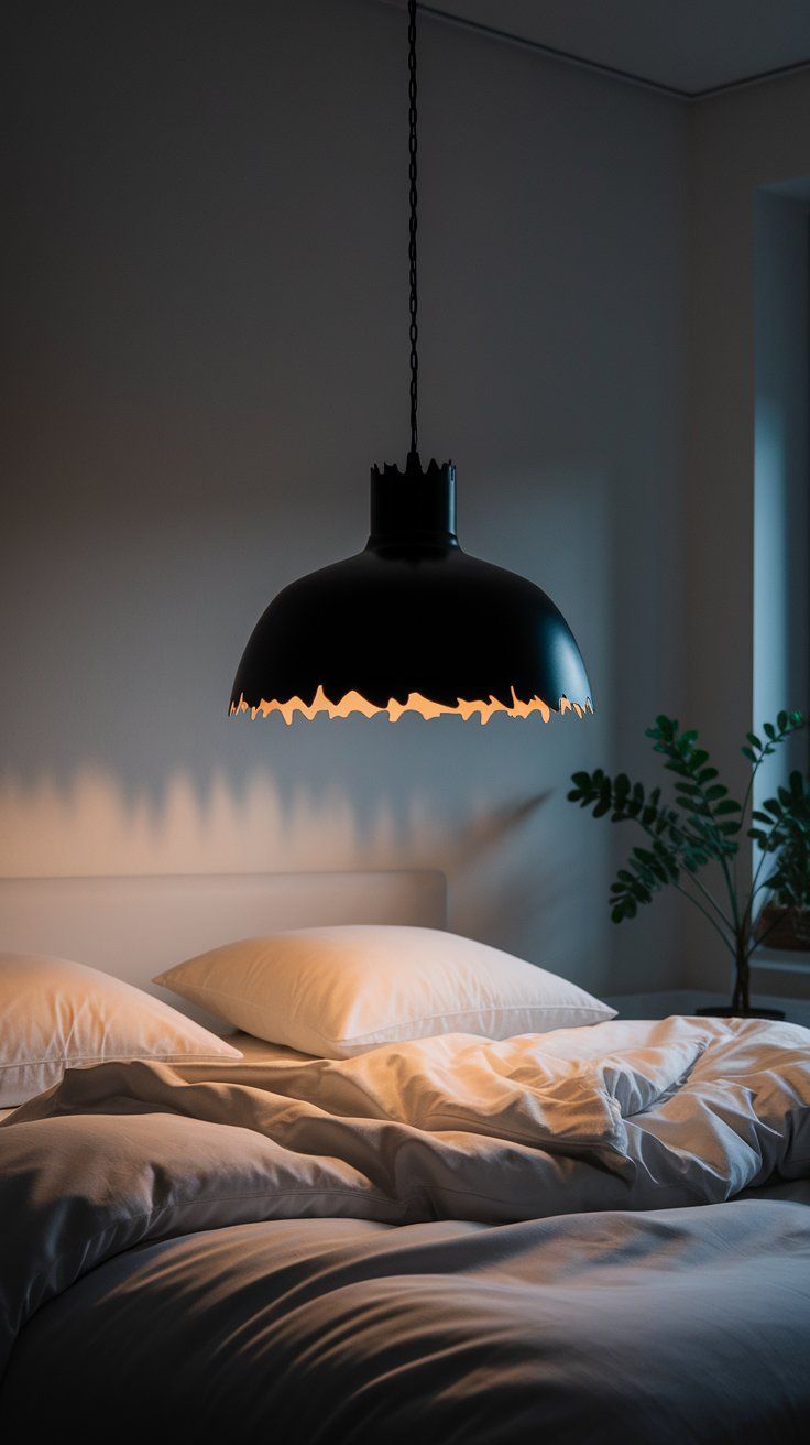 Warmly lit bedroom with soft white bedding beneath a bold matte black pendant light, which casts a jagged crown-like glow; a leafy plant adds a natural accent in the corner.