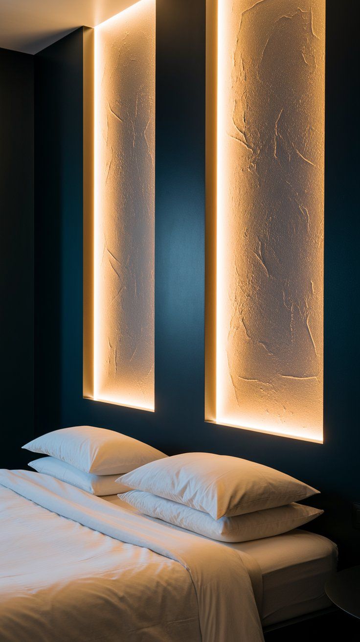 A sleek bedroom with a white bed and stacked pillows is set against a black accent wall with textured vertical panels backlit by warm strip lighting, creating a bold, architectural look.