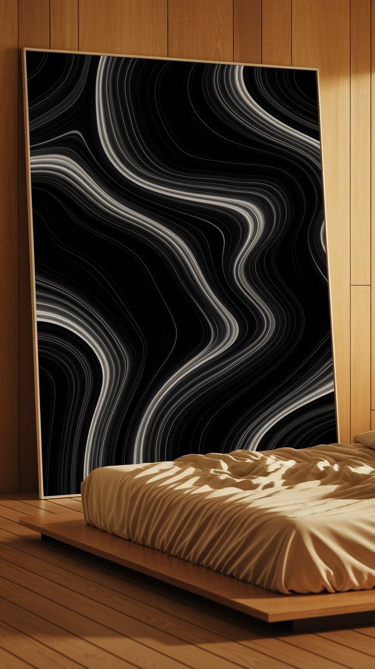 A modern bedroom features a platform bed with beige bedding in front of a large-scale abstract black and white swirl art piece leaning against a wood-paneled wall, blending art with sleep space.