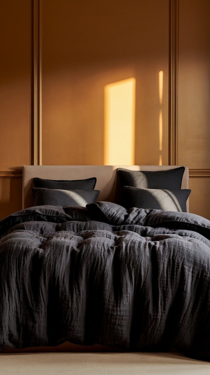 A moody bedroom with dark bedding contrasts against a warm brown paneled wall, lit by golden afternoon sunlight casting dramatic shadows across the plush textures.
