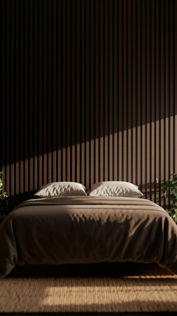 A cozy, earthy modern bedroom featuring a low wooden platform bed with rust and cream linen bedding, set against a warm, textured clay wall.