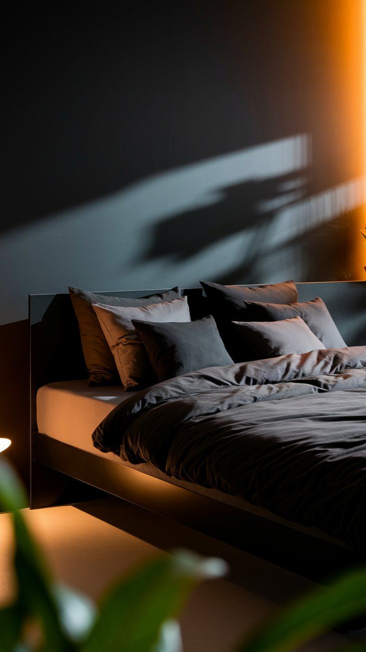 Earth-toned bedroom with a vaulted ceiling accented by exposed wood beams, soft beige bedding, and gentle natural light filtering through sheer curtains.