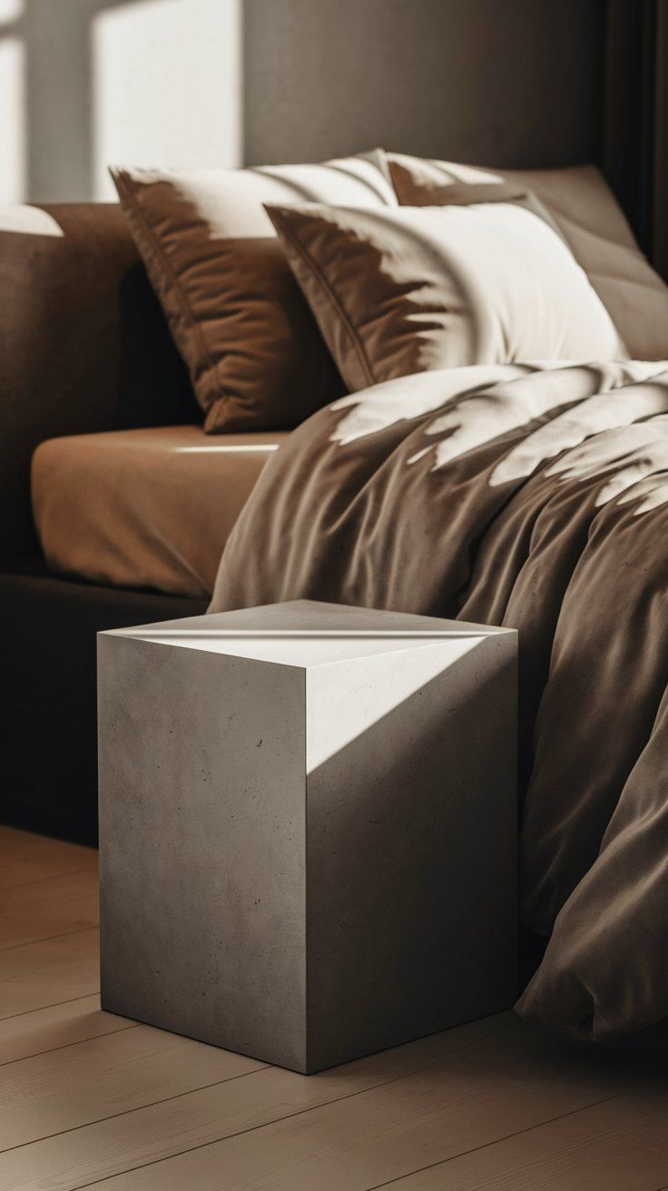 A minimalist bed wrapped in beige and tan linen bedding, placed against a wall covered in floor-to-ceiling neutral curtains that diffuse warm sunlight.