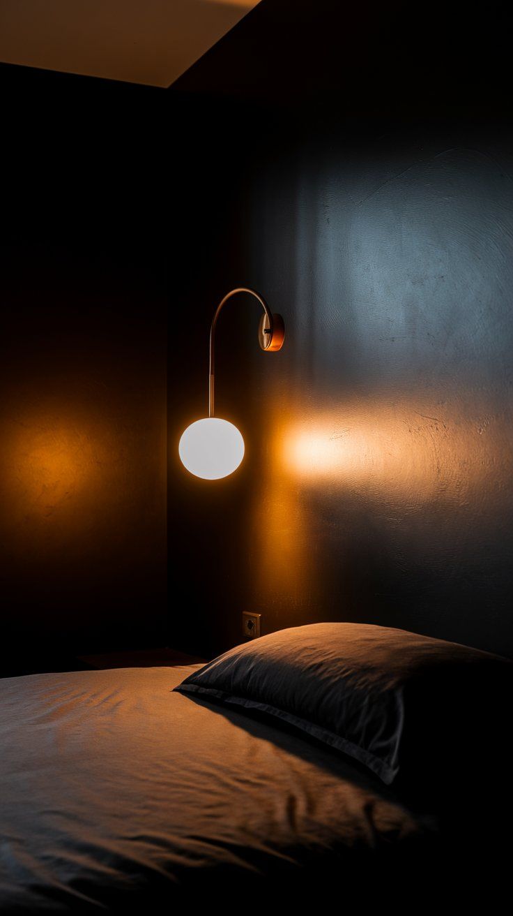 A cozy dark bedroom with smooth black walls, illuminated by a round wall sconce that casts a warm amber glow. A single pillow and blanket rest on a minimalist mattress on a sleek bed frame.