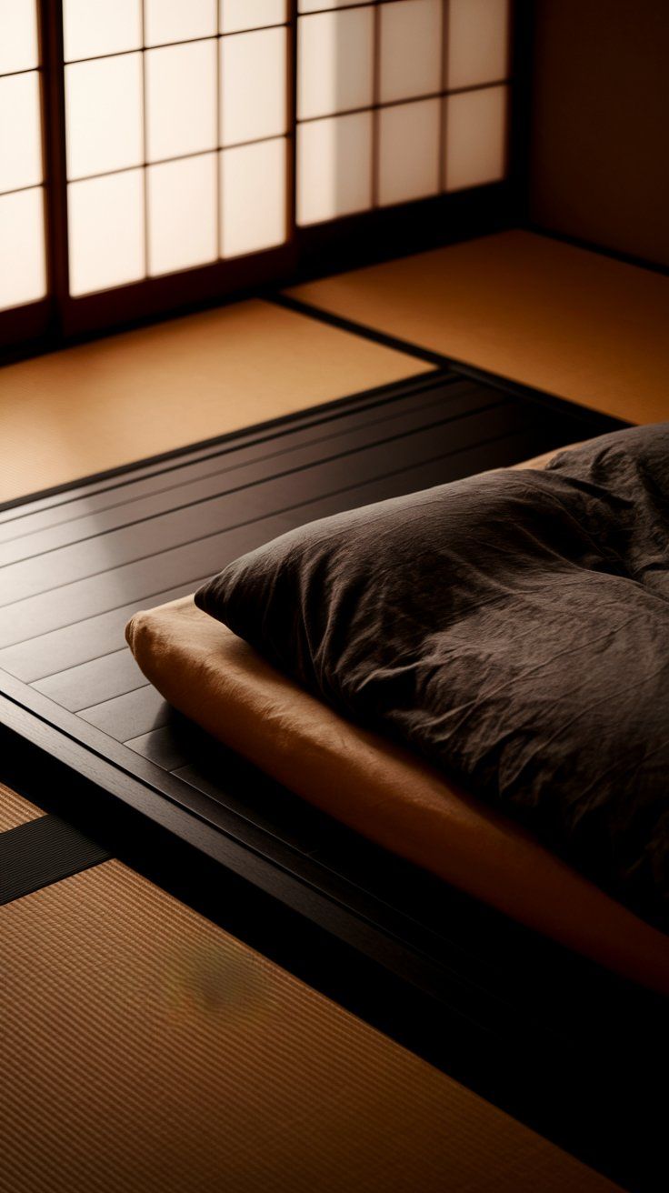 Japanese-inspired bedroom featuring a low black platform bed with a soft dark comforter, set against traditional shoji screen walls and warm-toned tatami flooring.