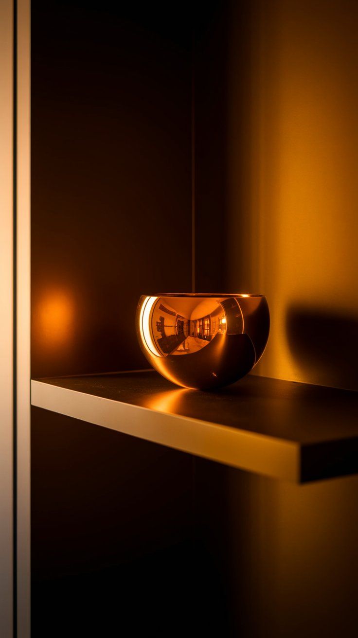 A glowing, metallic orange bowl sits on a sleek floating shelf, reflecting warm light in a minimalist, dark-toned room with dramatic lighting.