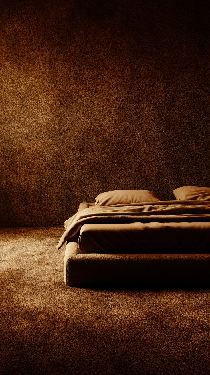 A minimalist bedroom wrapped entirely in warm brown tones, from the plush carpeted floor to the soft-textured walls and low-profile bed dressed in matching brown linens.