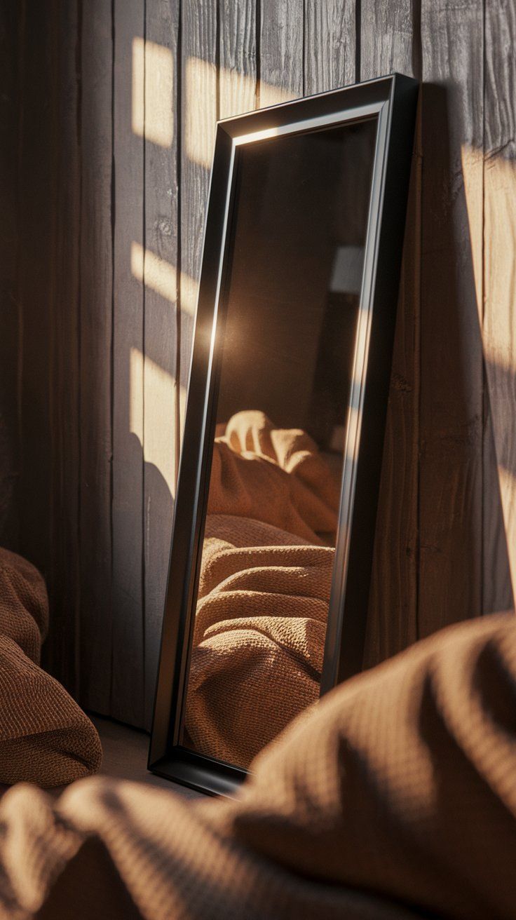 A rectangular black-framed mirror leans against a wood-paneled wall, catching golden sunlight and reflecting cozy brown bedding in a warm, serene bedroom corner.