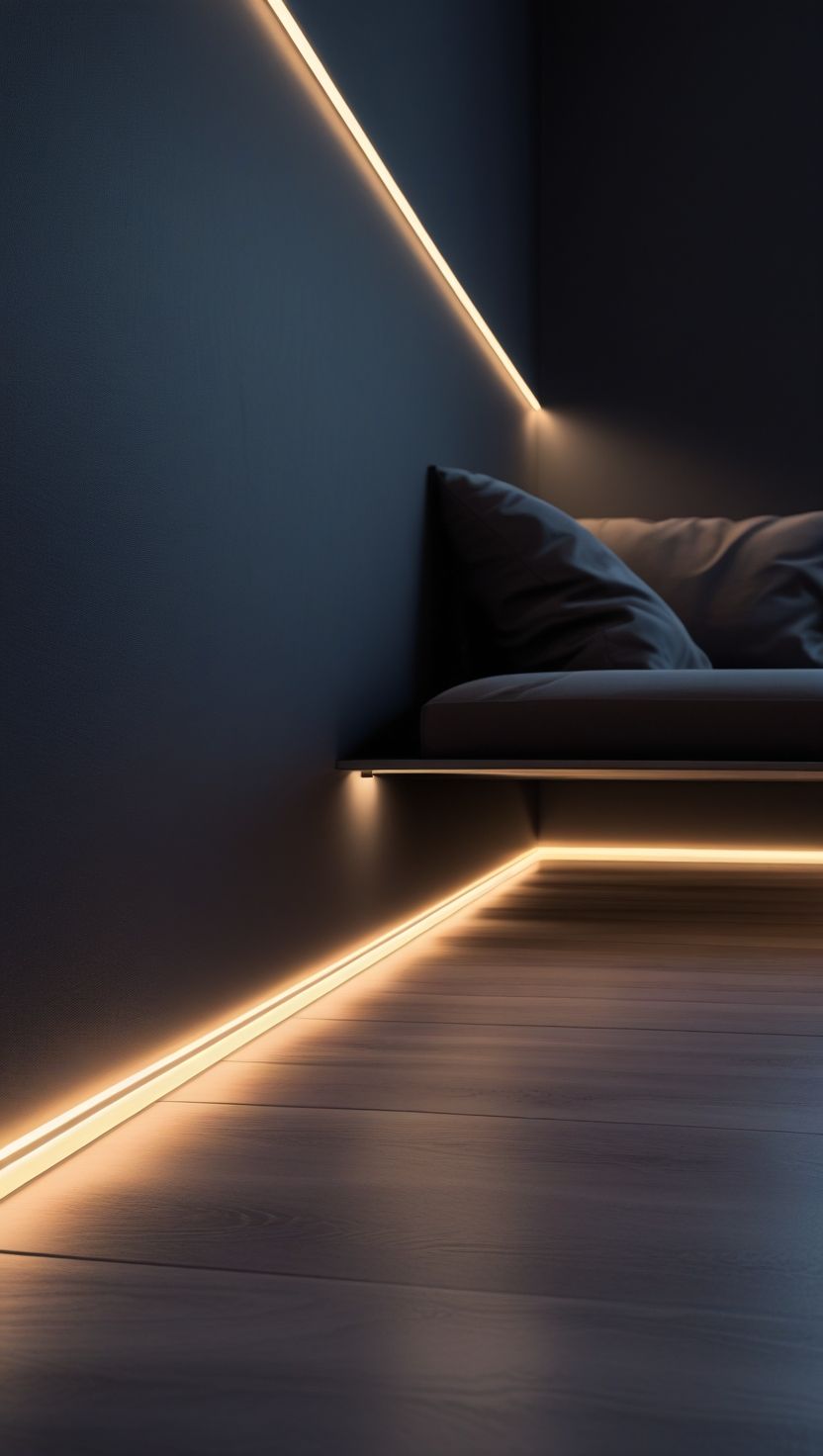 A sleek, modern bedroom corner featuring a floating platform bed with soft cushions and diagonal LED strip lighting that casts a warm glow along matte dark walls and pale wood flooring.