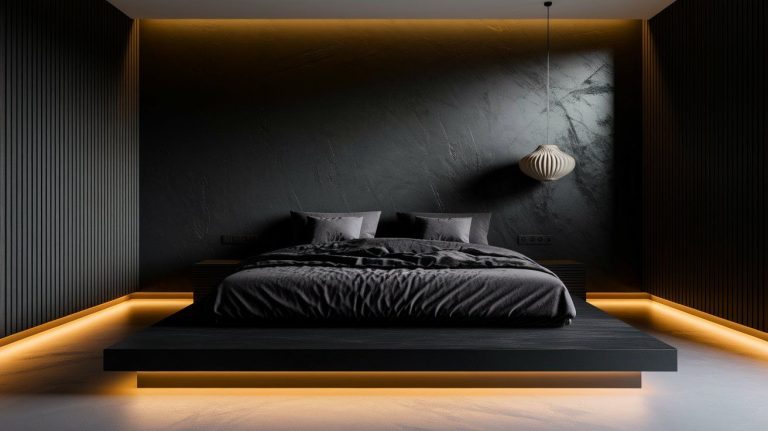 A sleek dark minimalist bedroom featuring a low black platform bed with charcoal bedding, set against a textured black accent wall. Warm ambient lighting glows from beneath the bed and along the ceiling perimeter, while a sculptural white pendant light adds contrast and modern elegance.