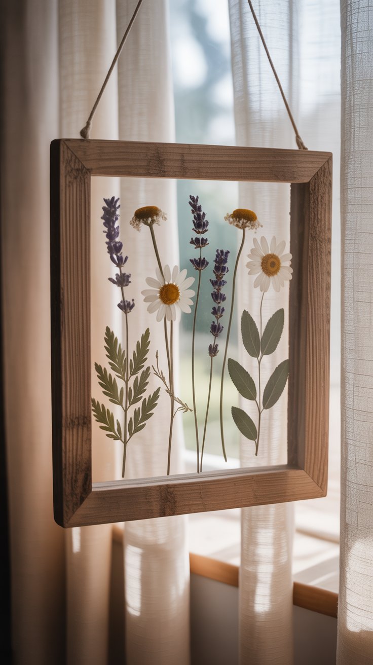 A floating wooden frame holds a delicate arrangement of pressed flowers and leaves, including chamomile, lavender, and daisy stems, suspended between two clear panels. The frame hangs in front of sheer curtains with soft daylight streaming through, highlighting the natural textures and earthy charm of the dried botanical display.
