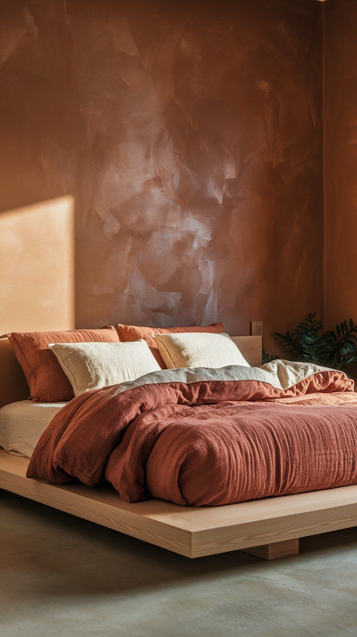 A minimal earthy bedroom with a light wood platform bed dressed in rust-colored linen bedding and beige pillows. The textured, warm-toned brown wall behind reflects soft natural light, creating a cozy and grounded atmosphere.