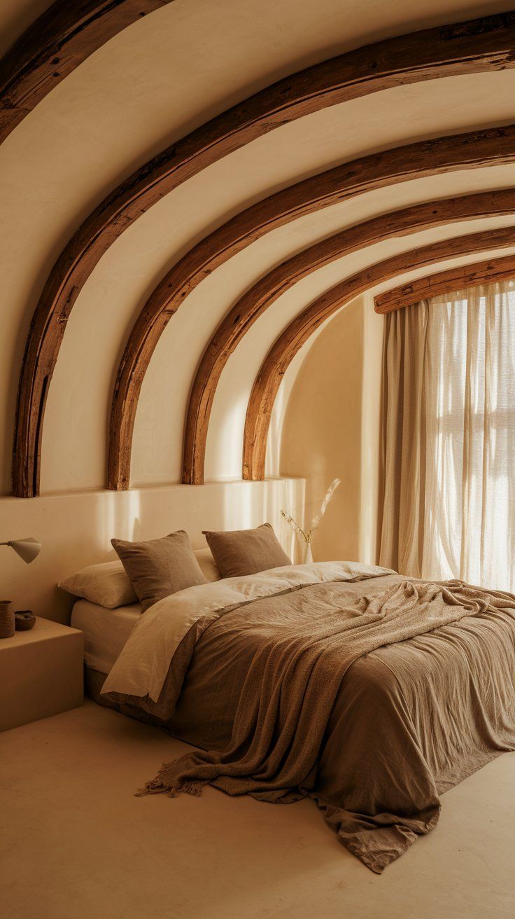 An arched-ceiling bedroom featuring exposed wooden beams and soft beige walls, with a bed layered in taupe and cream bedding. Natural light pours through sheer curtains, enhancing the organic and serene aesthetic of the space.