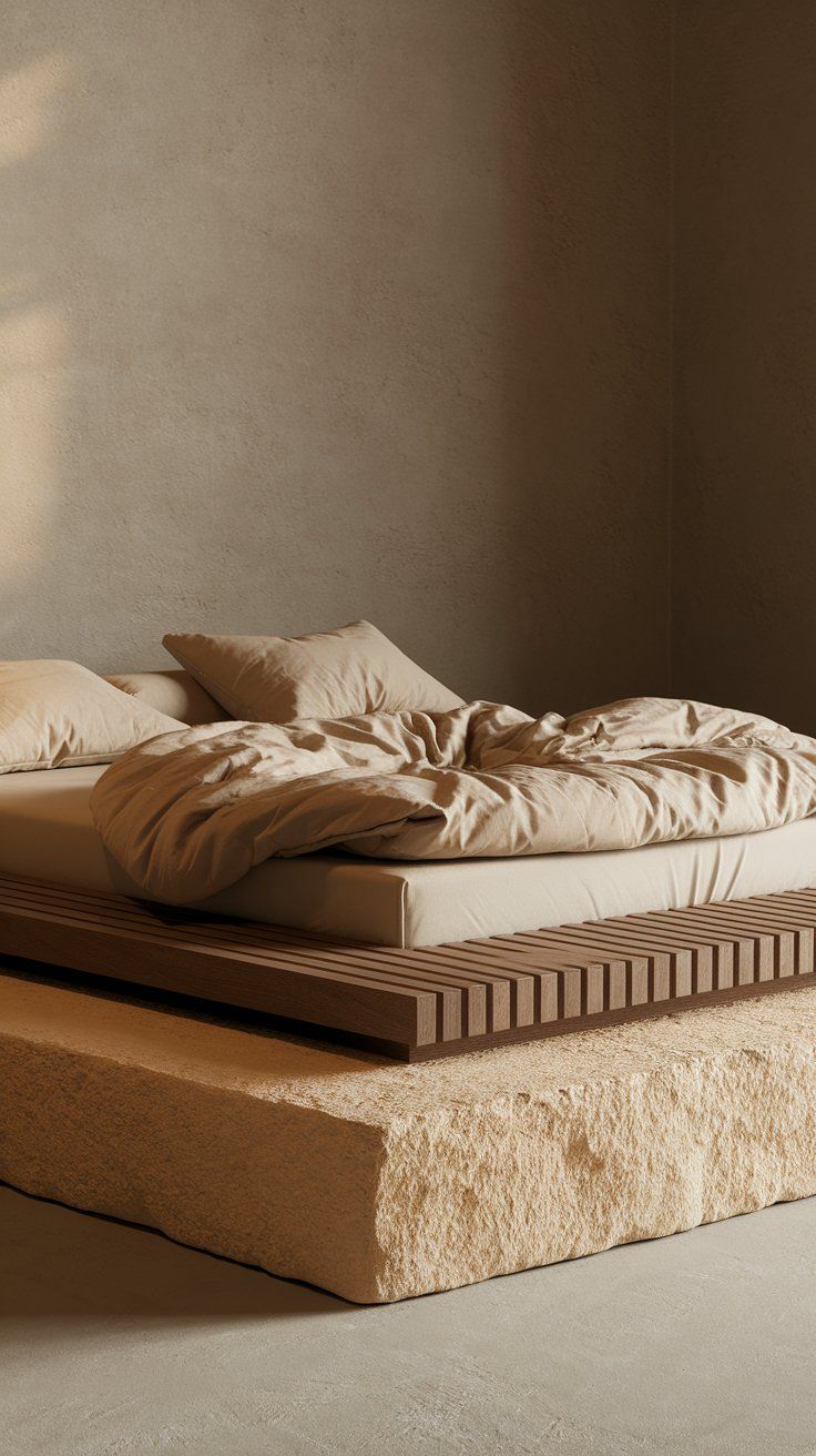 A minimalist bed with beige bedding rests on a wooden slatted frame, which is dramatically elevated by a large textured stone base. The neutral-toned plaster wall behind it completes the earthy, sculptural aesthetic.