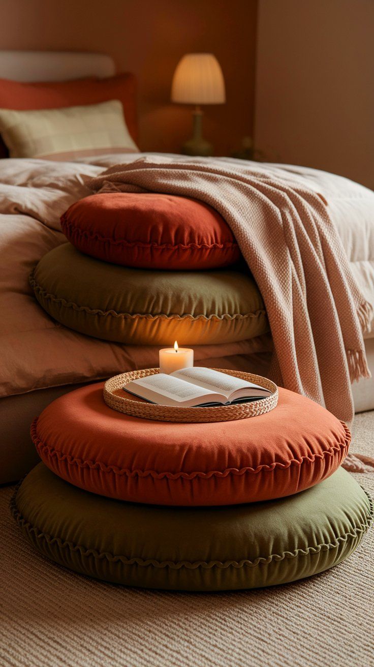 A cozy vignette featuring stacked round floor cushions in rust orange and olive green, topped with a rattan tray holding an open book and a lit candle. The soft bedding, warm lighting, and textured throw create a relaxing reading nook.
