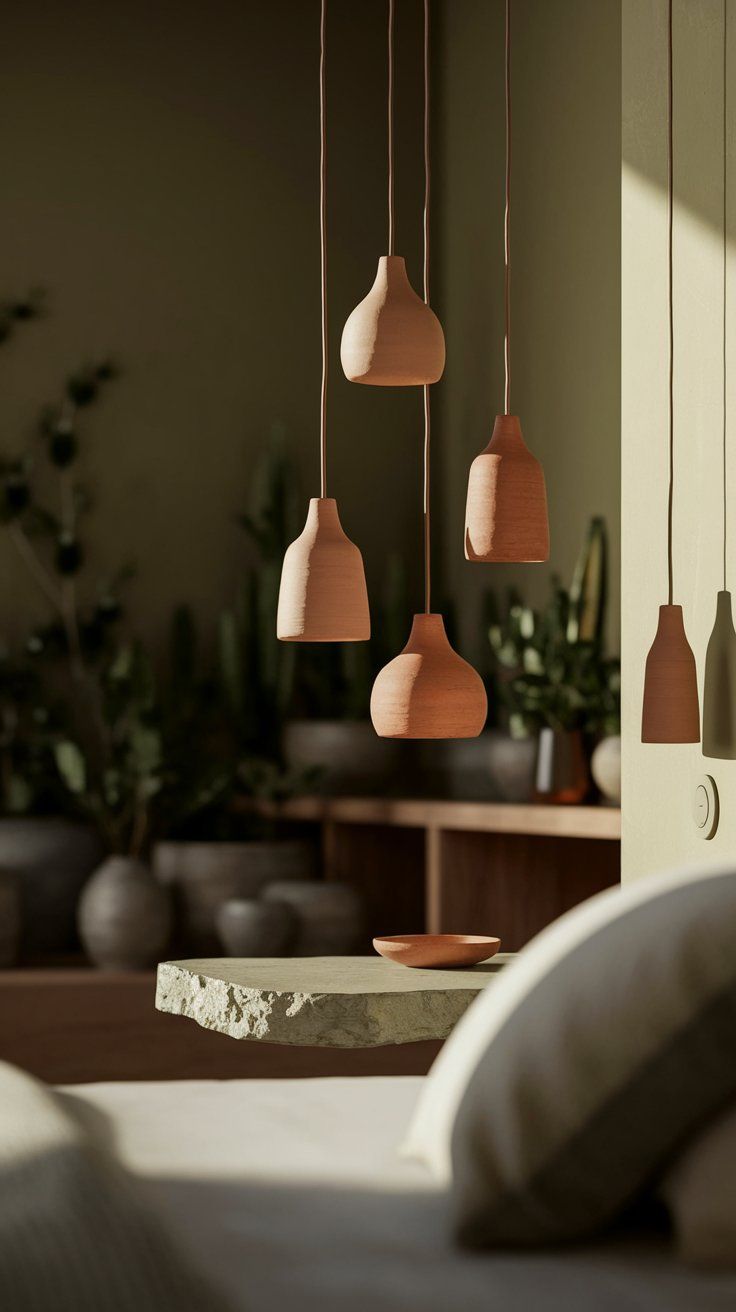 A cluster of terracotta pendant lights in organic shapes hangs in front of an olive green wall, above a floating stone nightstand with a clay dish. Soft sunlight casts shadows, highlighting the natural textures and earthy tones in the room.