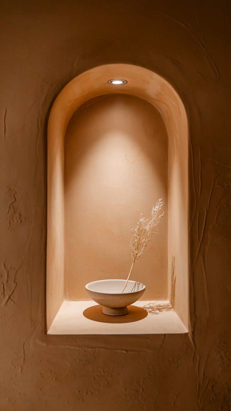 A softly lit wall niche with a curved top, finished in clay-toned plaster, holds a minimalist ceramic bowl and a single dried grass stem. A small recessed spotlight casts a warm glow, emphasizing the organic texture and simple elegance.