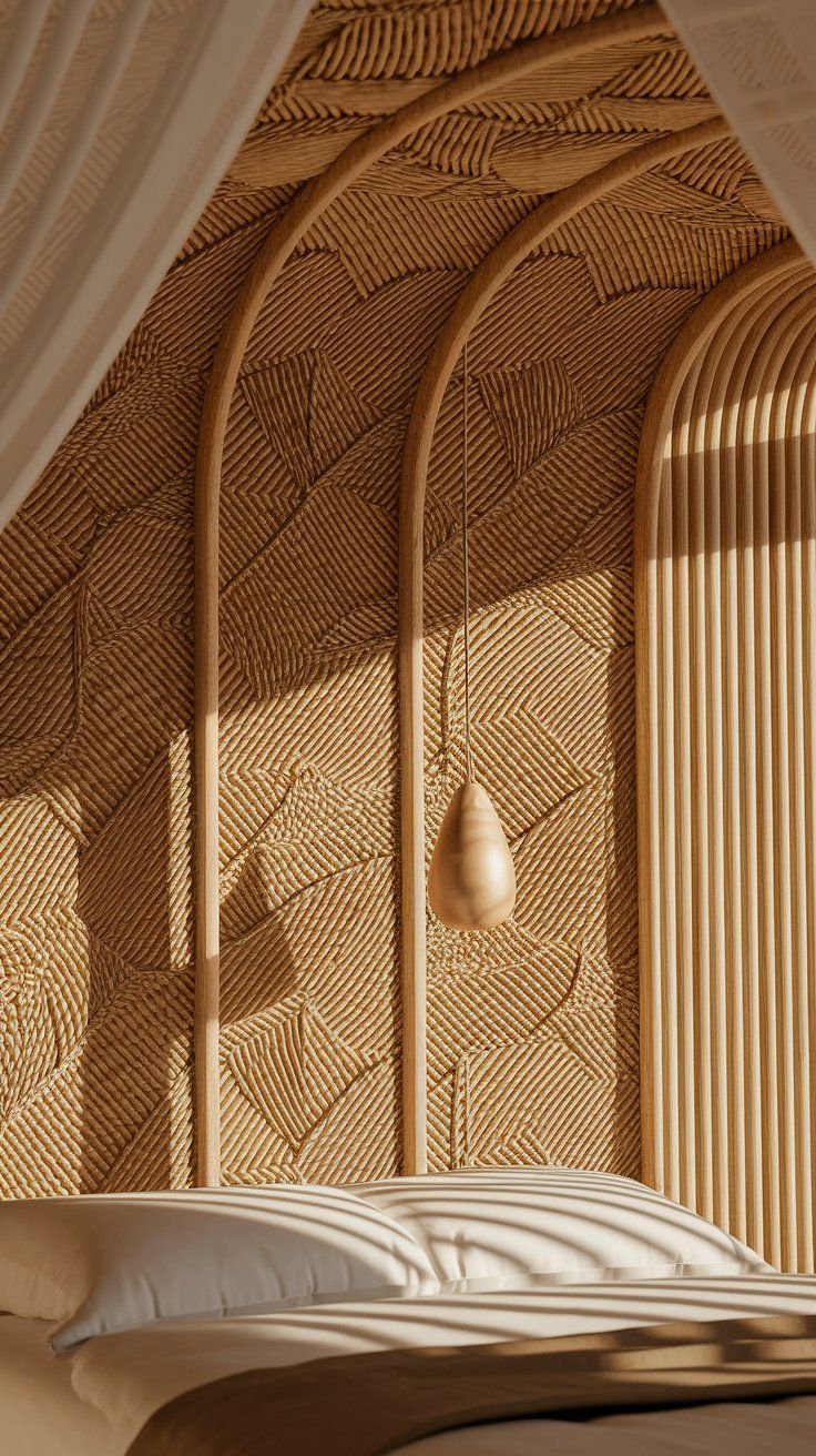 A detailed view of a woven rattan headboard with arched wooden framing and a hanging teardrop-shaped pendant light. Natural sunlight highlights the intricate texture and craftsmanship of the wall pattern behind a neutral-toned bed.