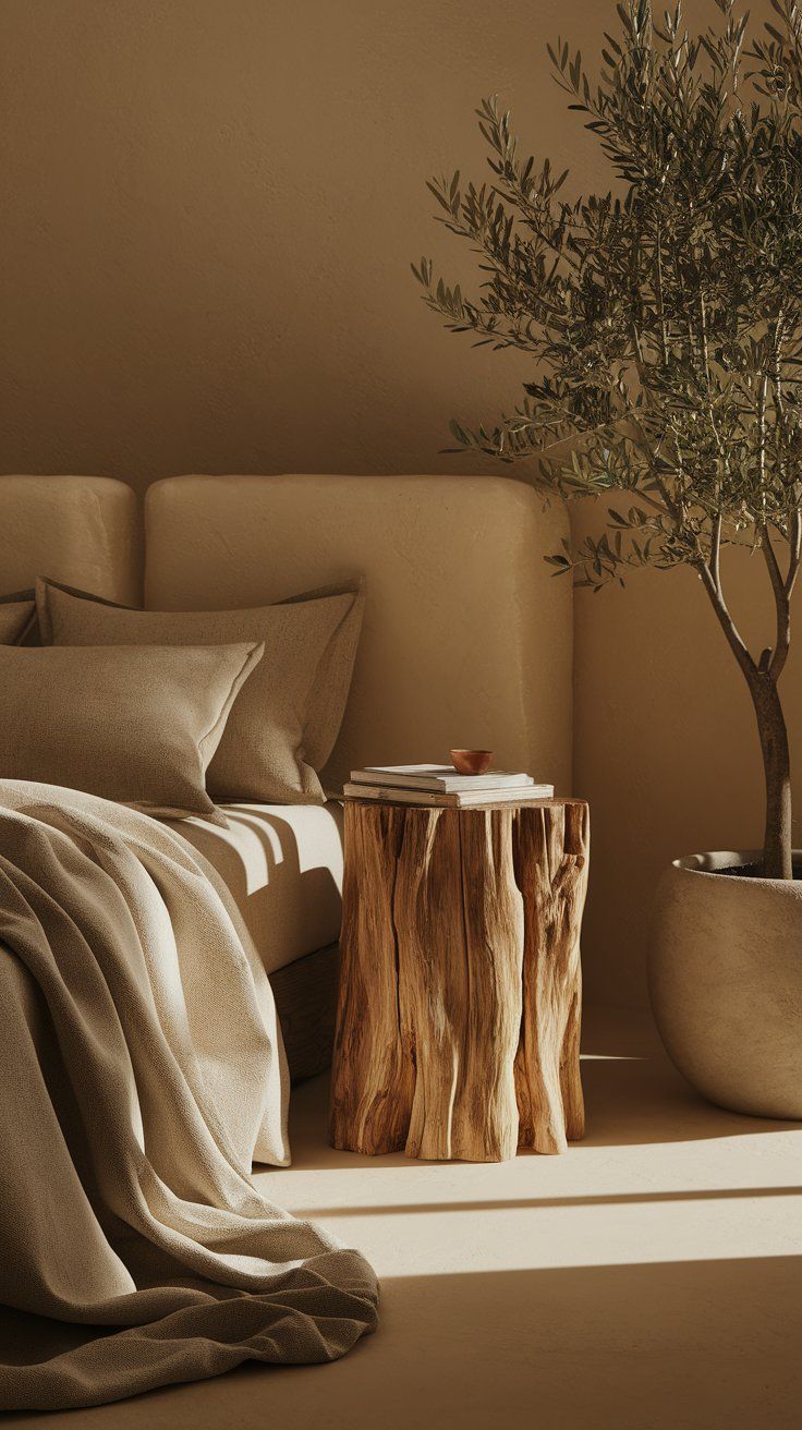 A serene bedroom corner featuring a low bed with beige linens, a rustic wooden stump used as a nightstand, and a potted olive tree. Soft morning light enhances the natural textures and calming, earthy palette of the space.