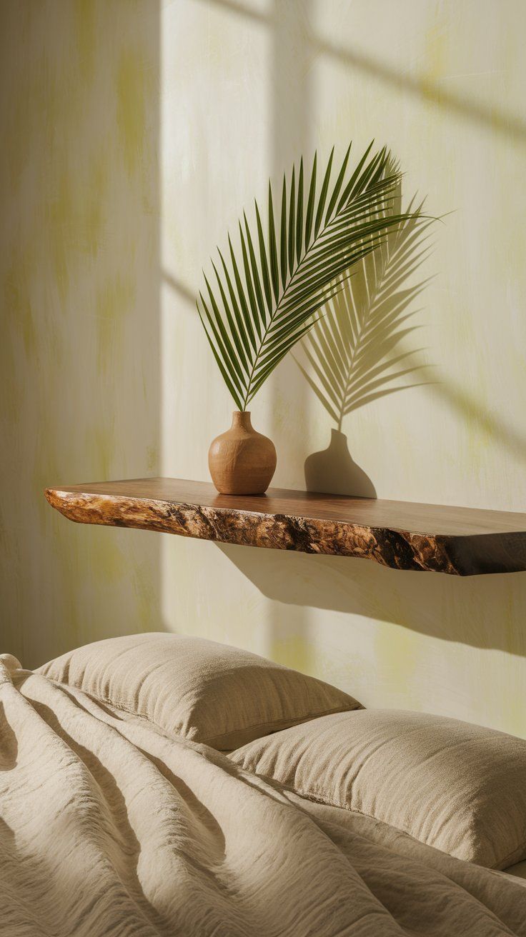 A live-edge wooden floating shelf holds a small clay vase with a single palm frond, casting a sharp shadow against a softly sunlit wall. Below, a bed with beige linen bedding captures the natural, airy feel of the space.