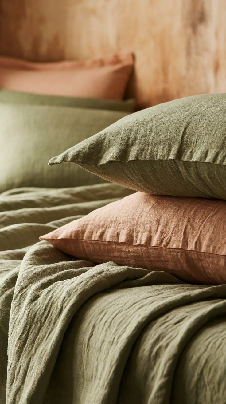 A close-up of crinkled linen bedding in olive green and terracotta tones, with layered pillows creating a warm, tactile look against a peach-toned plaster wall. The textures and earthy hues evoke a grounded, cozy vibe.