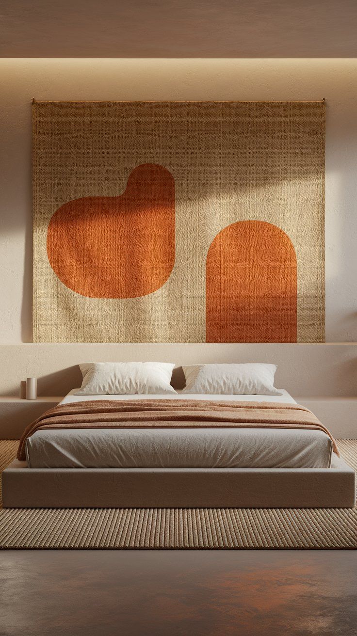 A minimalist bedroom with a low platform bed dressed in neutral bedding and a rust-toned blanket, set against a feature wall hanging with abstract burnt orange shapes. A ribbed natural fiber rug anchors the modern earthy palette.