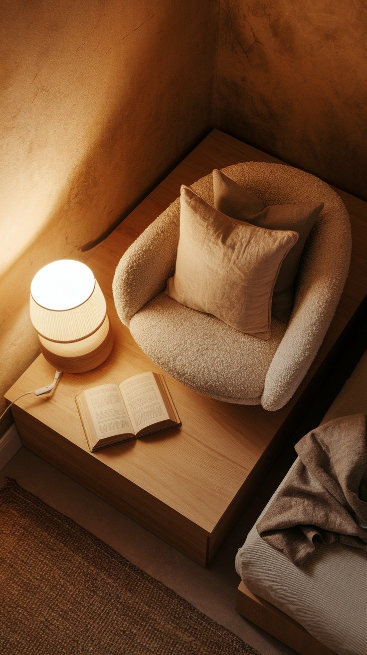 A cozy reading nook with a boucle accent chair holding a neutral pillow, placed beside a wooden nightstand with a glowing table lamp and an open book. The soft lighting and warm-toned walls create a calm, inviting atmosphere.