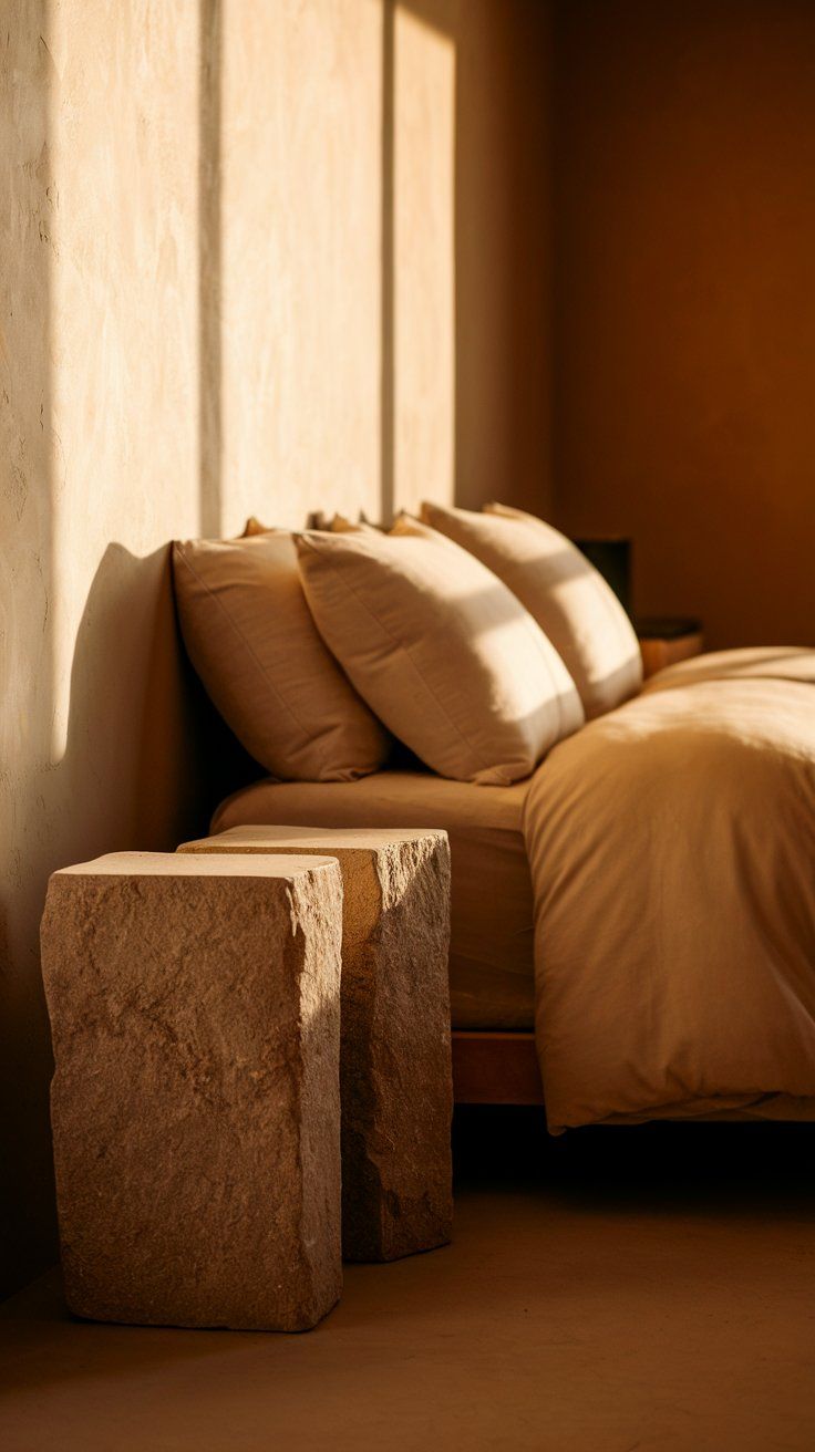 A side view of a bed with beige linen bedding and oversized pillows, bathed in golden sunlight. Two rough-hewn stone blocks serve as minimalist nightstands, adding a natural sculptural element to the space.