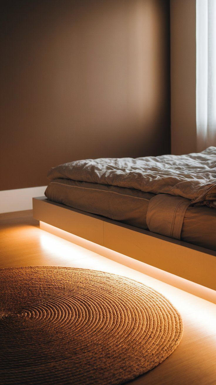 A low modern platform bed with neutral bedding sits above underlighting that casts a soft glow onto the wooden floor. A woven round jute rug anchors the space, enhancing the warm, minimalist design.