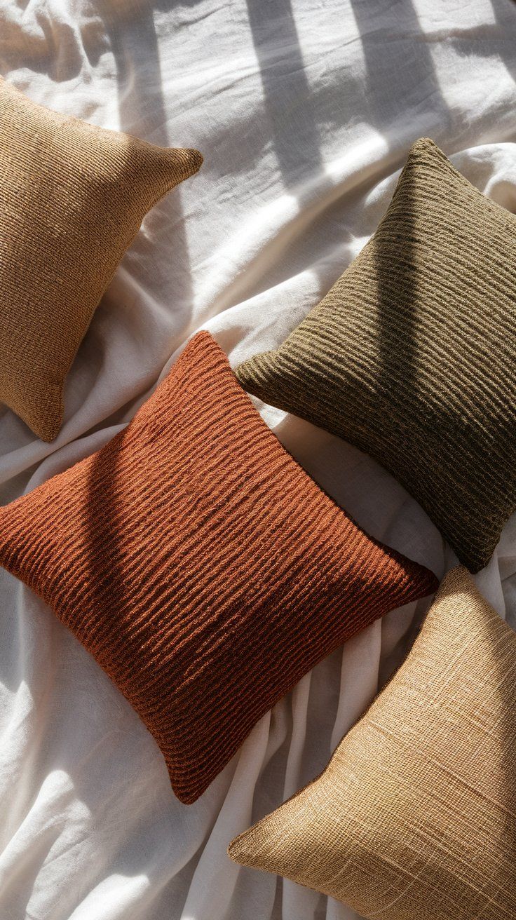 Four textured throw pillows in earthy shades of rust, olive, beige, and mustard are scattered on a rumpled white linen bed. Sunlight filters through, casting soft shadows across the relaxed and cozy setting.