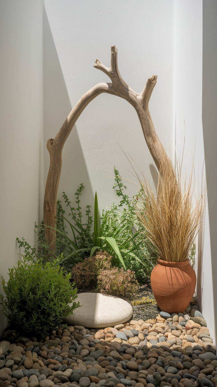 A minimal indoor garden scene with smooth pebbles, various green plants, a terracotta pot with dried grass, and a large driftwood branch leaning against white walls. A round stepping stone adds balance to the serene, sculptural composition.