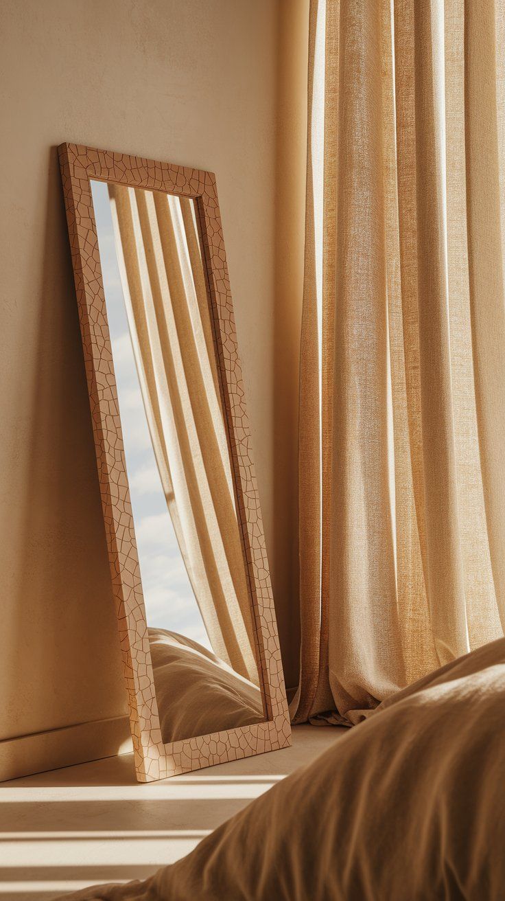 A cracked-texture wooden floor mirror reflects soft golden curtains in a sunlit corner of a minimalist bedroom. The warm tones and layered shadows enhance the calm, natural palette.