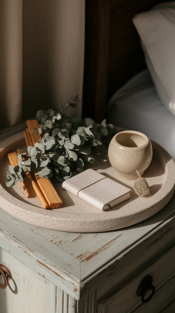 A neutral stone tray atop a distressed bedside cabinet holds a bundle of eucalyptus, palo santo sticks, a small ceramic cup, a linen-wrapped notebook, and a dried botanical accent. The scene is lit by soft daylight, evoking peaceful, grounded energy.