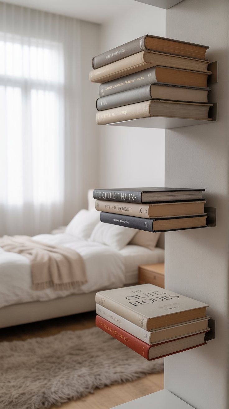A trio of sleek metal wall brackets holds neatly stacked books in a vertical row, creating the illusion of floating bookshelves on a white partition wall. In the background, a cozy bed with layered neutral bedding and soft lighting enhances the calm, minimalist aesthetic of the room.