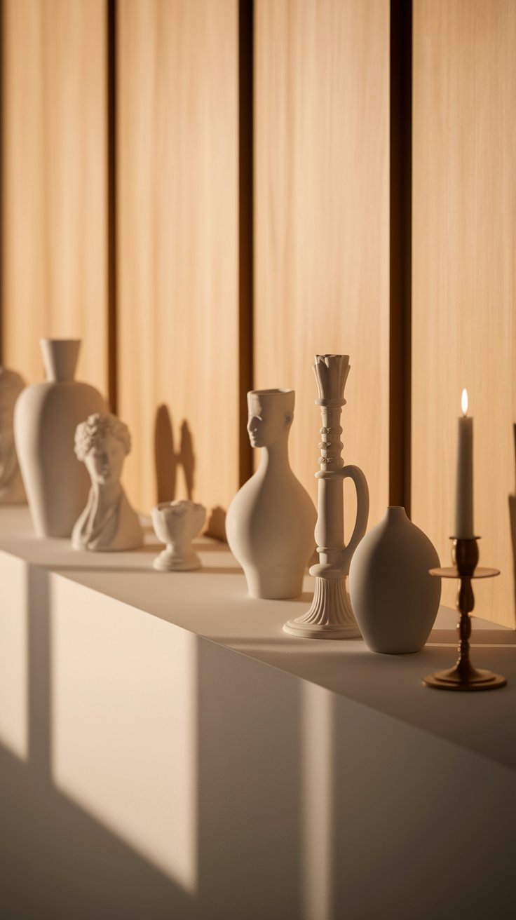 A curated row of matte white ceramic vessels and busts displayed on a floating shelf, with afternoon light casting dramatic shadows against a wooden backdrop.