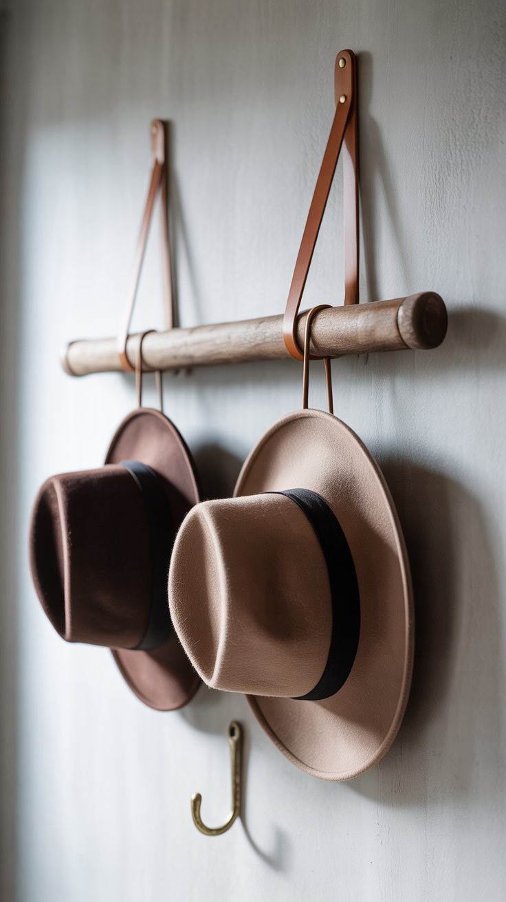 Two wide-brimmed felt hats, one tan and one brown, hang neatly from a minimalist wooden rail suspended by tan leather straps. Mounted on a neutral wall, the setup includes a single brass hook below, creating a clean and stylish hat storage solution with a modern rustic vibe.