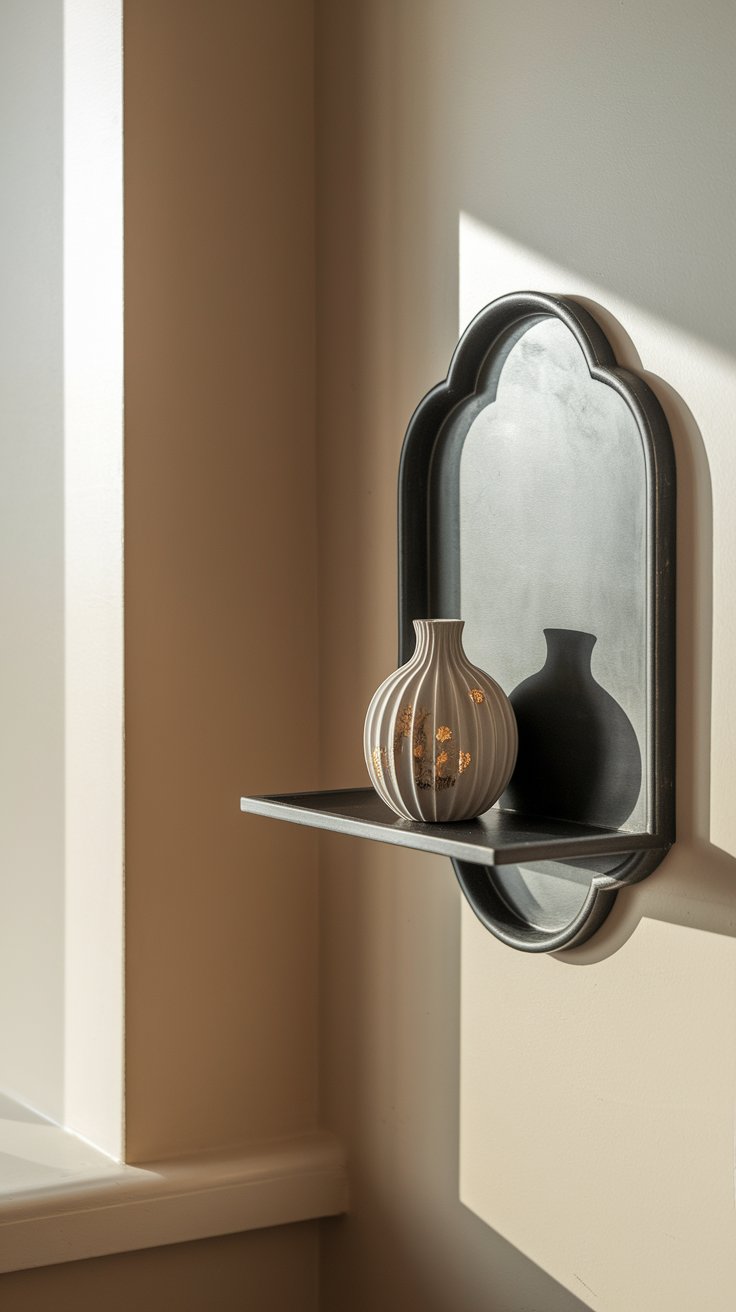 A black, scalloped-edge wall shelf with a tray-like surface holds a small white vase with floral perforations. Sunlight casts long shadows, highlighting the shelf’s unique profile.