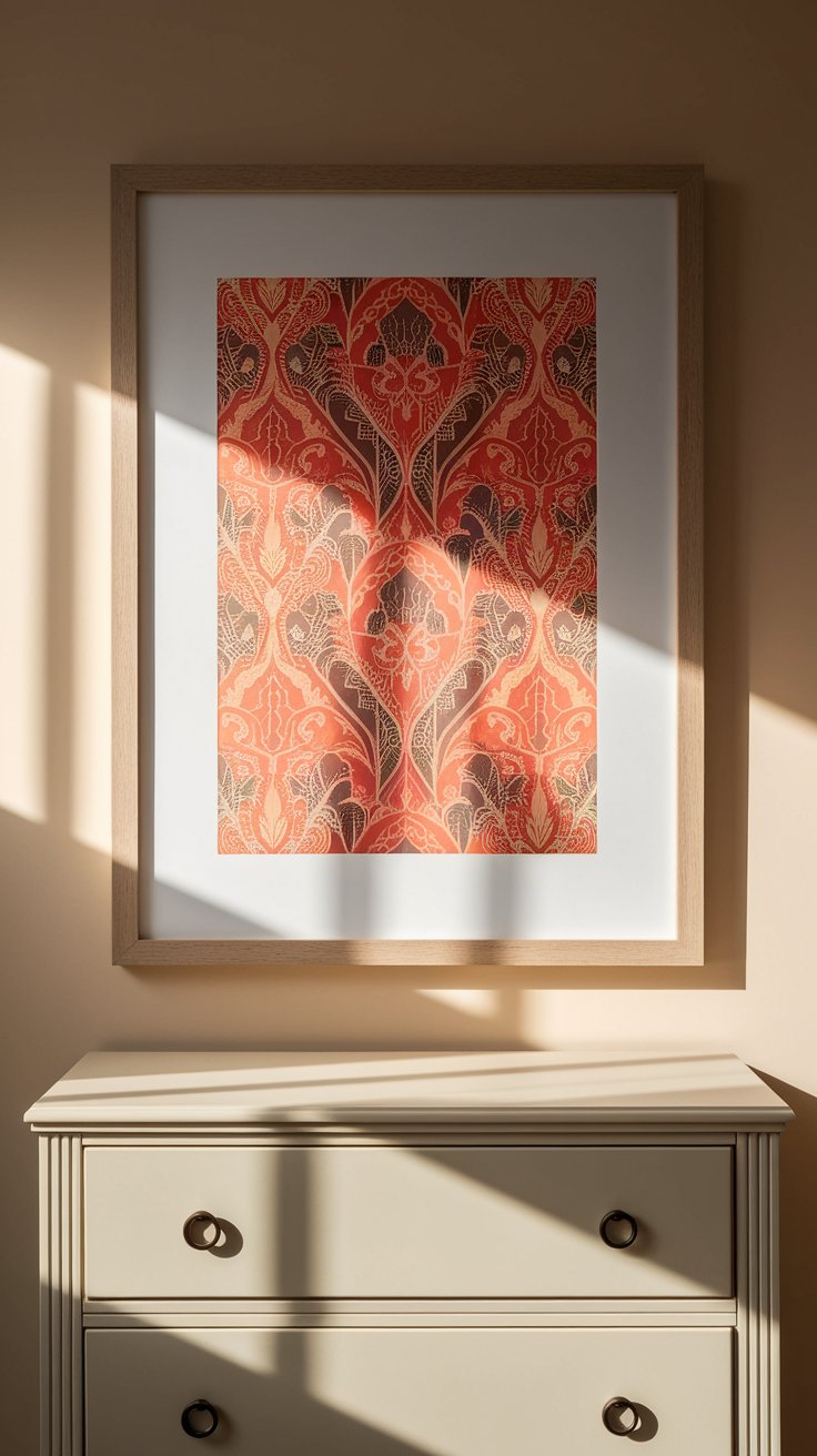 A bold red and gold damask wallpaper sample is framed and mounted above a cream-colored dresser. The surrounding shadows emphasize the texture and pattern of the wallpaper.