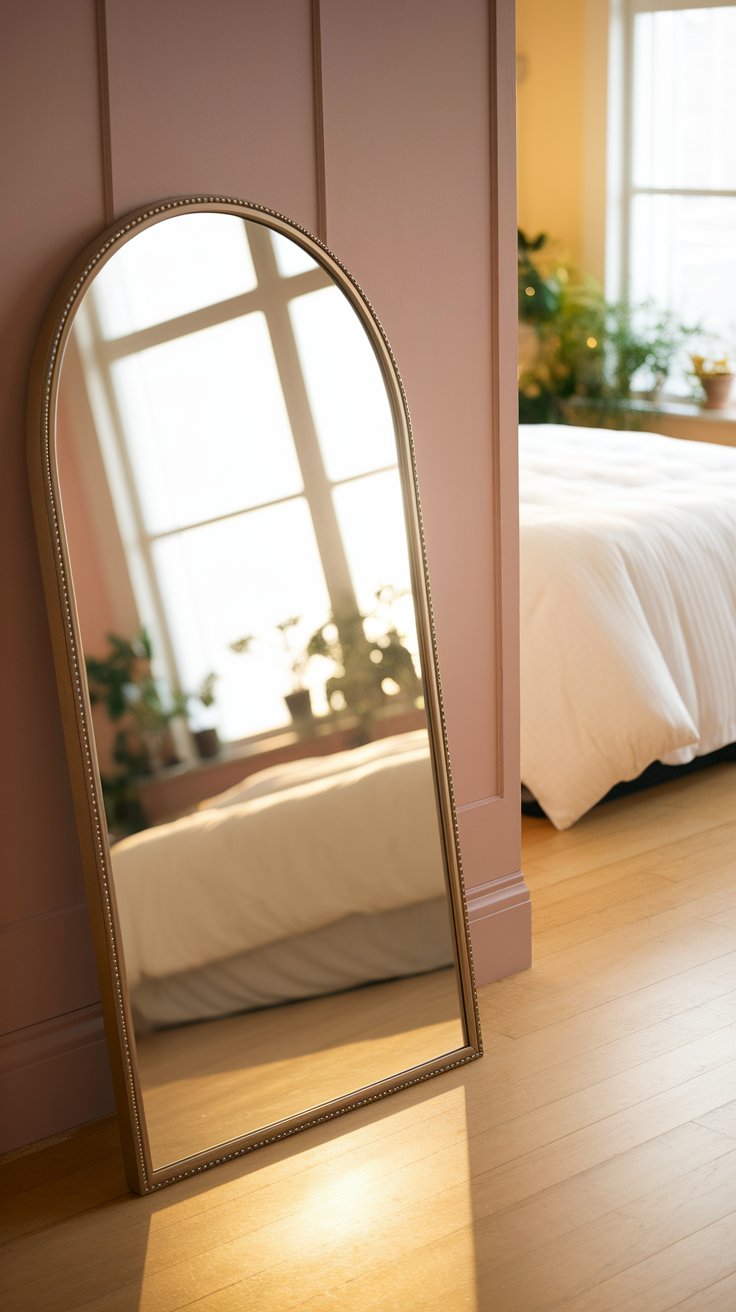 A tall arched floor mirror with a beaded gold frame leans against a blush pink paneled wall, reflecting a sunlit bedroom with plants on the window ledge.