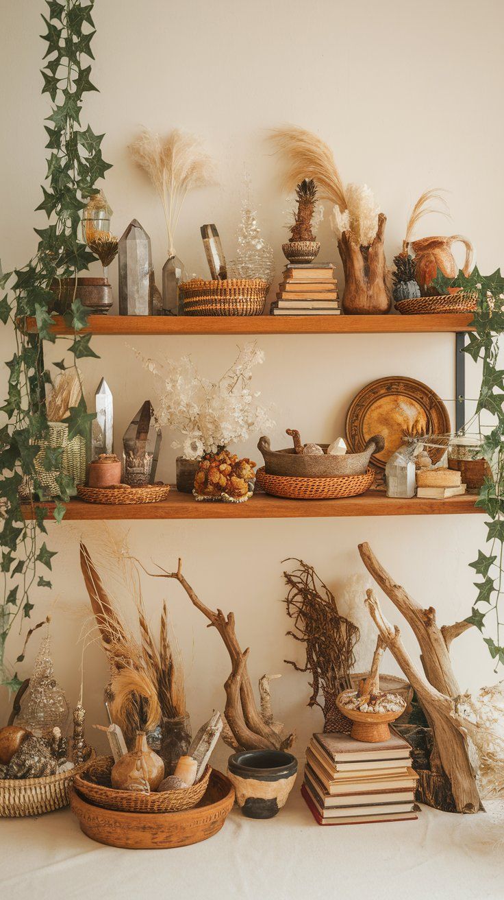 A wooden shelf decorated with bohemian-style objects including crystals, pampas grass, vintage books, rattan baskets, driftwood, and trailing ivy against a soft neutral wall.
