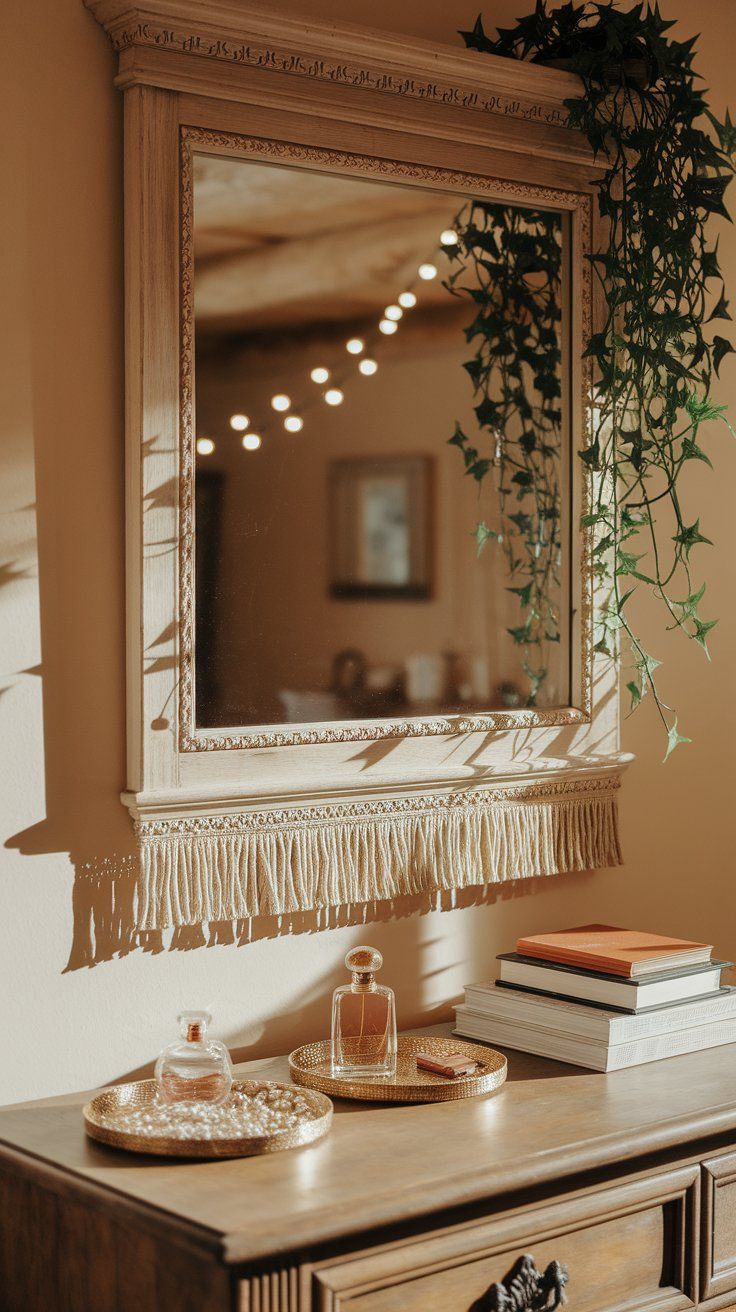 A vintage-style vanity setup with a large framed mirror accented with fringe, leafy vines, and golden trays holding perfume bottles and pearl accessories, warmly lit by natural light.