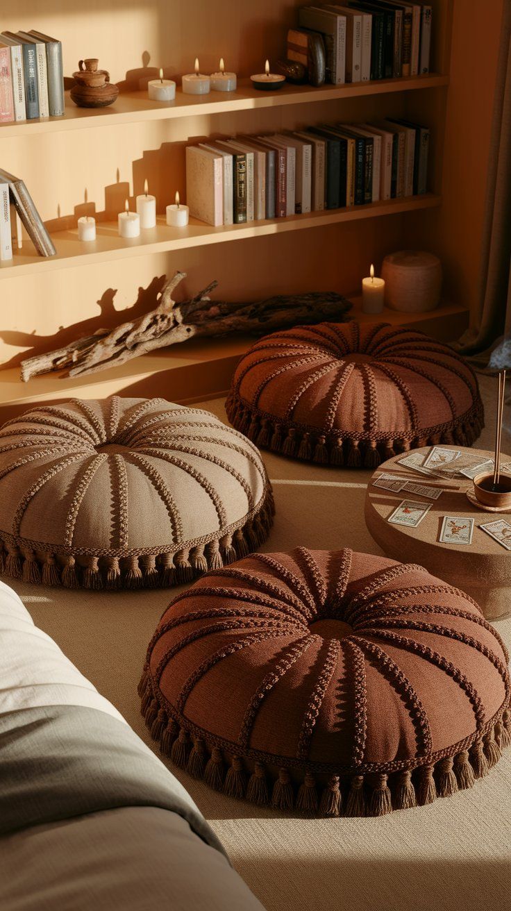 A cozy reading nook with three large, round floor cushions in rust and taupe shades, surrounded by a wooden shelf filled with candles and books, and a low table displaying tarot cards.