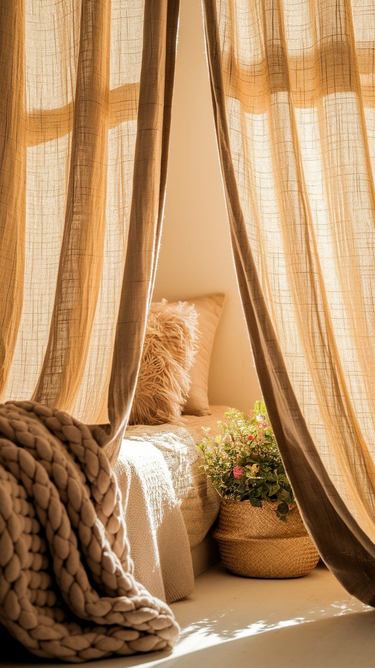 A sun-drenched corner bed wrapped in chunky knit blankets and textured pillows, partially hidden behind flowing linen curtains, with a woven basket of blooming flowers on the floor.