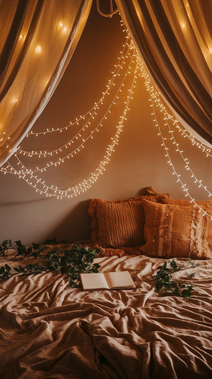 A dreamy bohemian bed setup with soft sheets, string lights cascading from canopy drapes, earthy-toned pillows, green vines scattered on the bedding, and an open notebook inviting relaxation.