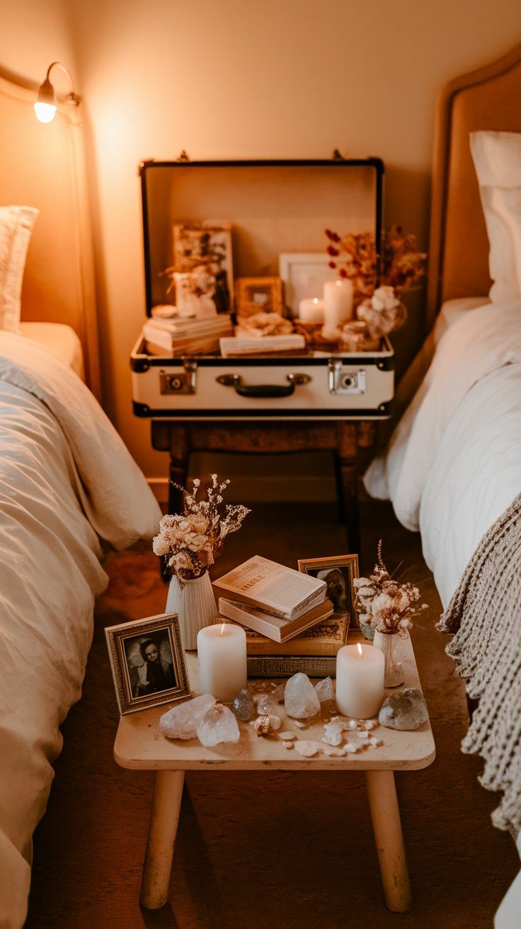 A warm and nostalgic twin-bed arrangement with a vintage suitcase used as a nightstand, stacked with books, candles, dried flowers, framed photos, and crystals for a magical touch.