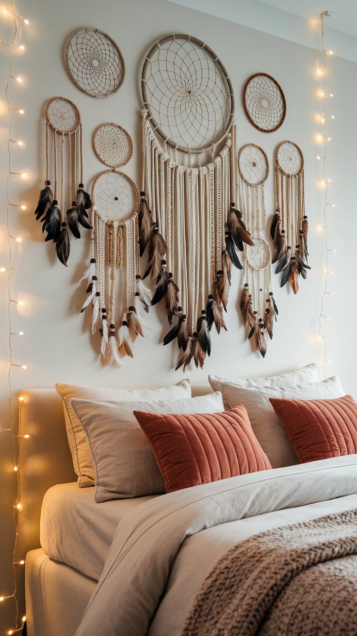 A calming bedroom with a wall display of dreamcatchers in various sizes and textures, surrounded by string lights and paired with neutral bedding and rust-colored accent pillows.