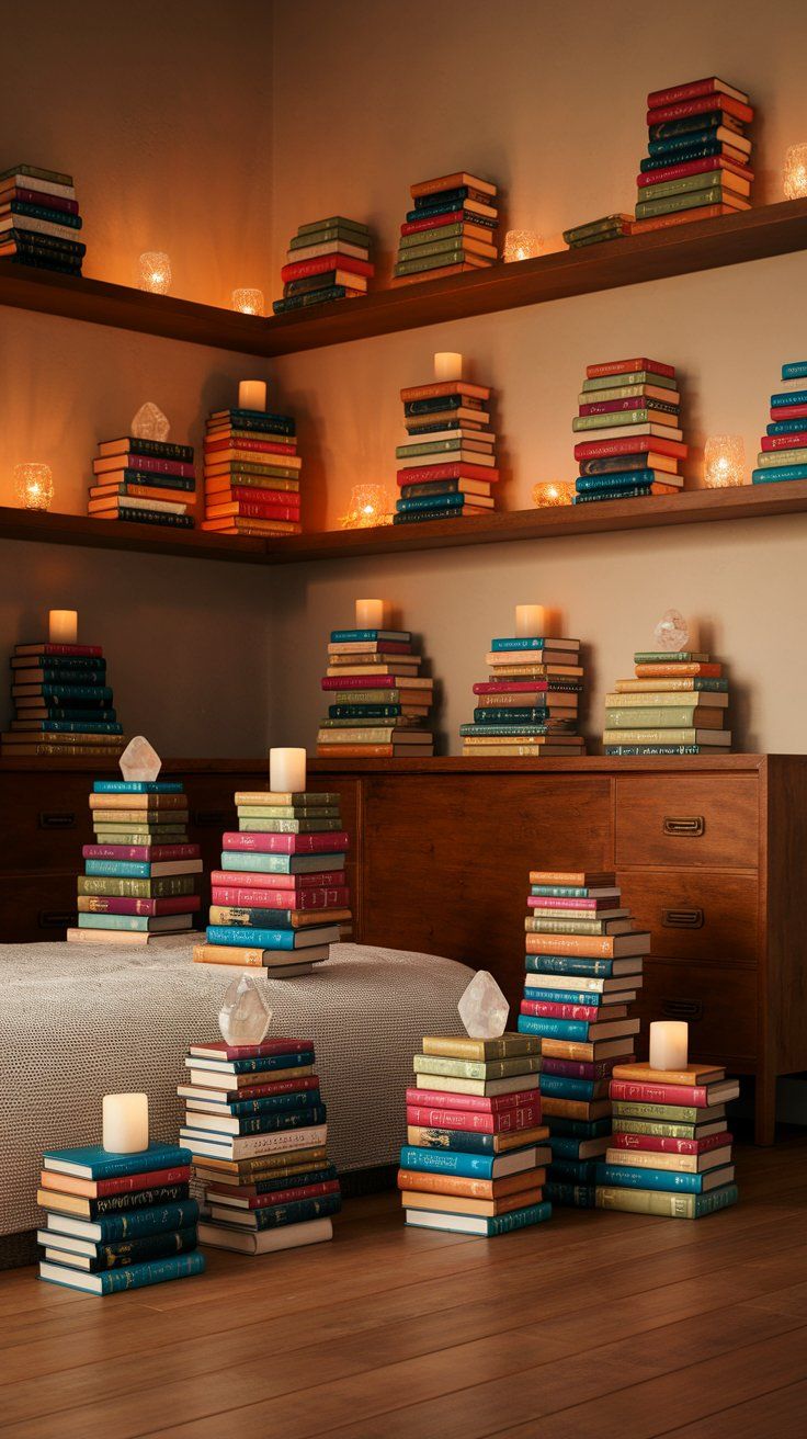 A cozy reading nook filled with neatly stacked colorful books, warm candlelight, and glowing crystals, creating a magical, library-inspired retreat in a corner of a wood-furnished room.