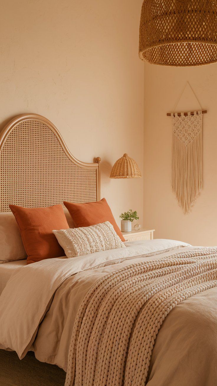 A soft, neutral-toned bedroom with a rattan headboard, burnt orange and textured cream pillows, a chunky knit blanket, and natural woven accents including a pendant lamp and macrame wall hanging.